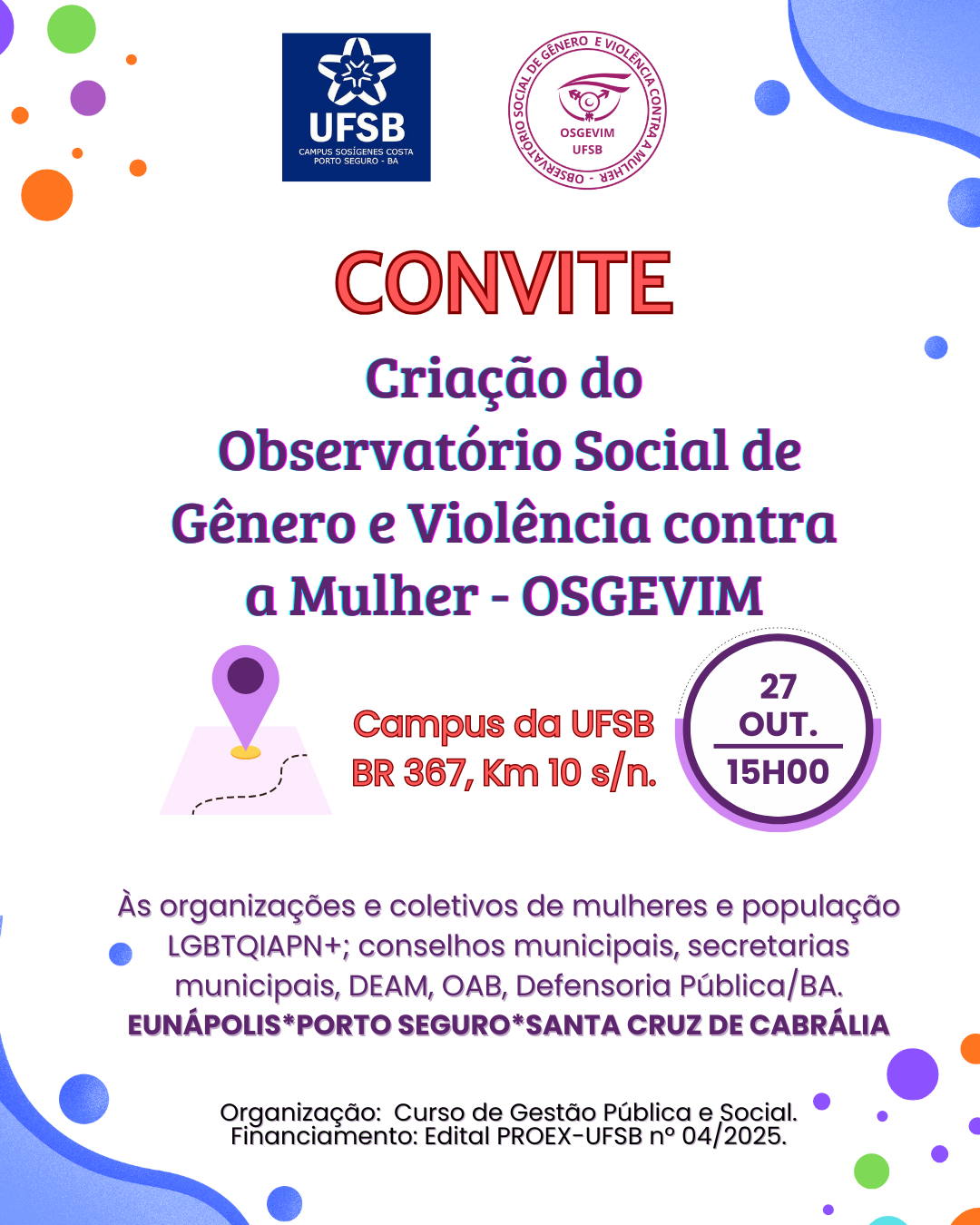 convite criaçao de observatório social de gênero e violencia contra a mulher da UFSB